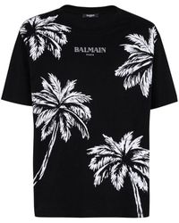 Balmain - Palm Tree-Print Cotton T-Shirt - Lyst