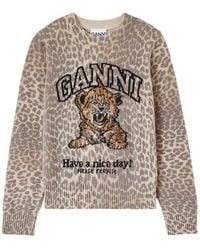 Ganni - Tiger-Print Intarsia-Knit Sweater - Lyst