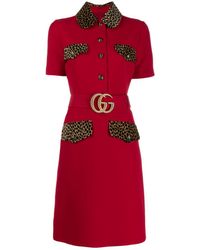 Gucci Leopard-print Trim Belted Dress - Red
