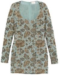 Saint Laurent - Floral-Brocade Long-Sleeves Mini Dress - Lyst