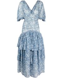 byTiMo Smocked-panel Bell-sleeve Long Dress - Blue