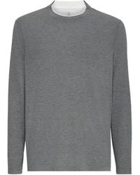 Brunello Cucinelli - Silk And Cotton Lightweight Jersey Long Sleeve Crew Neck T-Shirt With Contrast Detail - Lyst