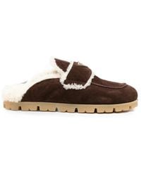 Prada - Shearling-Trim Logo-Plaque Suede Mules - Lyst