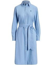 Polo Ralph Lauren - Caroli Blue Logo-embroidered Belted Linen Midi Dress - Lyst