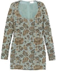 Saint Laurent - Floral-Brocade Long-Sleeves Mini Dress - Lyst