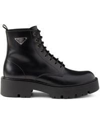 Prada - Leather Logo-Plate Lace-Up Boots - Lyst