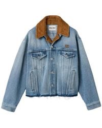 Miu Miu - Leather-Collar Raw-Hem Denim Jacket - Lyst