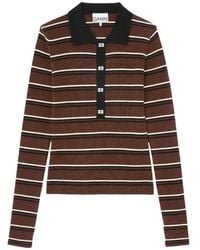 Ganni - Striped Button-Embellished Polo Shirt - Lyst