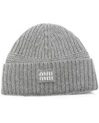 Miu Miu - Logo-Patch Ribbed-Knit Wool Beanie - Lyst
