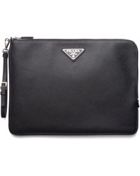Prada - Triangle-Logo Leather Clutch Bag - Lyst