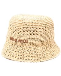 Miu Miu - Embroidered-Logo Raffia Bucket Hat - Lyst