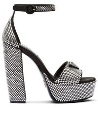 Prada Logo Satin Platform Ankle-strap Sandals in Nero (Black) | Lyst