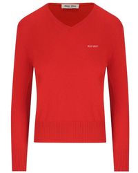 Miu Miu - V-Neck Logo-Embroidered Sweater - Lyst