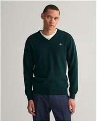 GANT - Pull À Col En V En Laine Fine Verte - Lyst