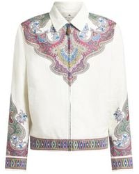 Etro - Linen Bomber Jacket With Placed Paisley Pochette Print - Lyst