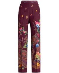 Etro - Silk Trousers With Micro Motif And Placed Floral Paisley Print - Lyst