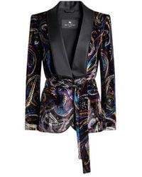 Etro - Velvet Jacket With Belt And Paisley Foliage Motif - Lyst
