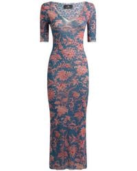 Etro - Stretch Tulle Midi Dress With Floral Motif - Lyst