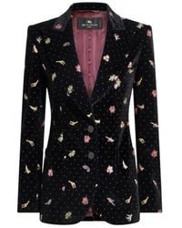 Etro - Single-Breasted Cotton Velvet Jacket With Flower And Animal Motif - Lyst