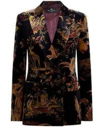 Etro - Double-Breasted Cotton Velvet Jacket With Flower And Animal Overprint - Lyst