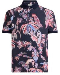 Etro - Cotton Pique Polo Shirt With Parrot And Palm Tree Motif - Lyst
