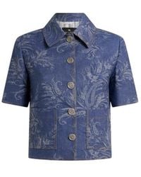 Etro - Cotton And Linen Jacquard Denim Shirt With Short Sleeves And Leafy Paisley Motif - Lyst