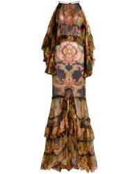 Etro - Long Silk Dress With Ruffles And Placed Floral Print - Lyst
