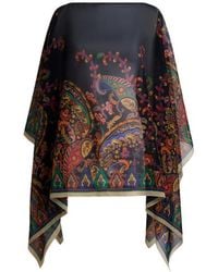 Etro - Silk Poncho Top With Placed Floral Paisley Print - Lyst