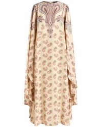 Etro - Long Silk Dress With Cape And Placed Print - Lyst