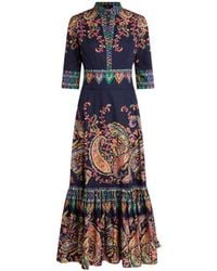 Etro - Long Cotton Dress With Placed Floral Paisley Print - Lyst
