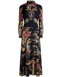 Etro - Long Dress With Silk Scarf And Placed Flower And Animal Print - Lyst