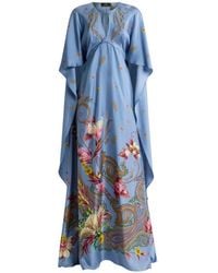 Etro - Long Silk Dress With Cape And Placed Floral Paisley Print - Lyst