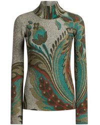 Etro - Rollkragenpullover Aus Wolle Im Rippstrick Mit Narzissen-Print, Damen, Größe - Lyst