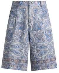 Etro - Linen Shorts With Placed Pocket-Square Paisley Print - Lyst