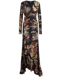 Etro - Long Jersey Wrap Dress With Flower And Animal Motif - Lyst