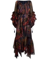 Etro - Silk Midi Dress With Ruffles And Placed Paisley Print - Lyst