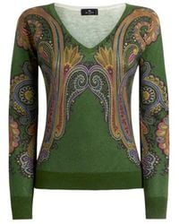 Etro - Silk And Cashmere Sweater With V-Neck And Placed Paisley Print - Lyst