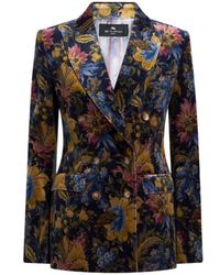 Etro - Double-Breasted Cotton Velvet Jacket With Floral Overprint - Lyst