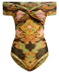 Etro - Tulle Bodysuit With Open Shoulders And Placed Floral Print - Lyst