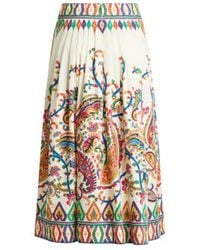 Etro - Pleated Cotton Midi Skirt With Placed Floral Paisley Print - Lyst