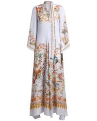 Etro - Long Silk Dress With Silk Scarf And Placed Flora And Fauna Print - Lyst