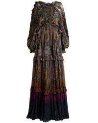 Etro - Long Silk Dress With Ruffles And Placed Degradé Paisley Print - Lyst