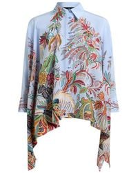 Etro - Silk Shirt With Hanky Hem And Placed Paisley Foliage Print - Lyst