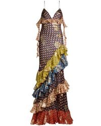Etro - Long Silk Dress With Fil Coupé Roses And Tie-Inspired Motif - Lyst