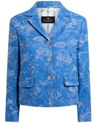 Etro - Cropped Cotton And Linen Jacquard Denim Jacket With Floral Motif - Lyst