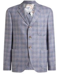 Etro - Single-Breasted Silk And Wool Mouliné Jacket With Check Motif - Lyst