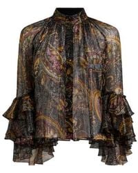 Etro - Silk Shirt With Ruffles And Striped Floral Paisley Motif - Lyst