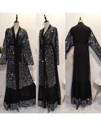 Etsy Elegant Modest Sequinned Frill Hem Cardigan Duster Abaya Dubai Turkey Hijab Muslim Dress Long Length Maxi Belted Kimon - Black