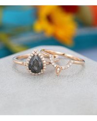 Etsy Natural Black Rutilated Quartz Ring Set-salt & Pepper Diamond Ring-pear Shaped Ring-wedding-anniversary Ring-christmas Gift - Metallic