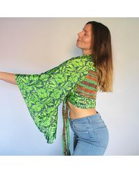 Etsy Silk Wrap Top Floral Chartreuse Bell Sleeve Tie Crop Blouse Retro Cardigan 60s 70s Festival Fashion Boho Folk Hippy Calluna - Green